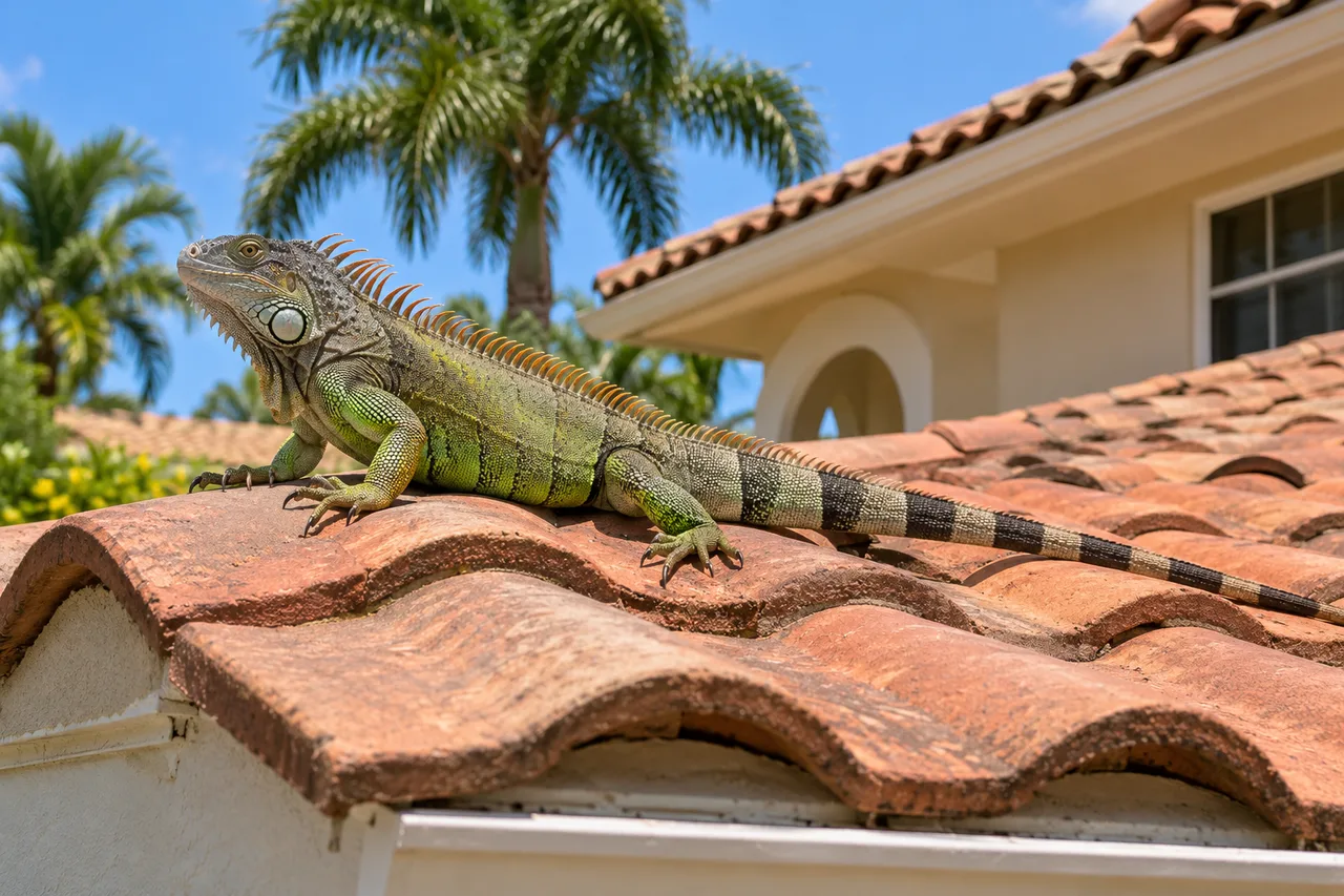 Illustration of an iguana on a home roof