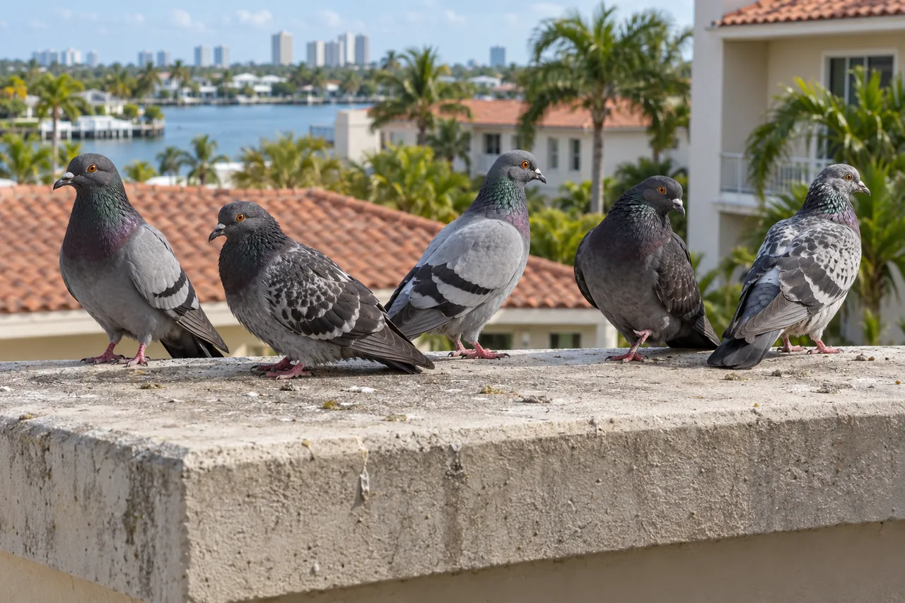Illustration of pigeons on a building ledge